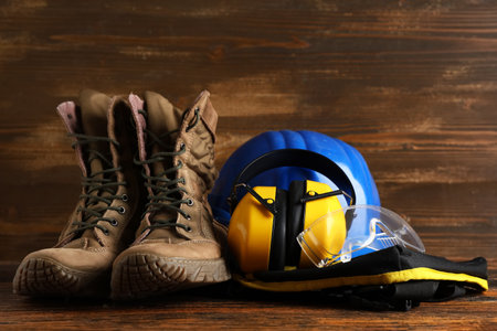 Hardhat, boots, protective earmuffs and safety glasses on wooden backgroundの写真素材