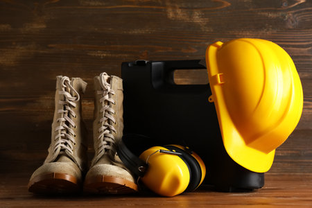 Hardhat, boots, protective earmuffs and toolbox on wooden backgroundの写真素材