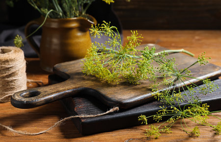 Boards and fresh dill on wooden background, closeupの写真素材