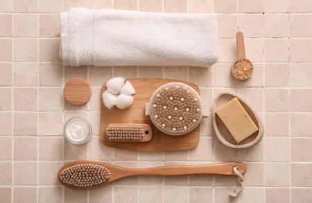 Composition with towel, jar of cosmetic product, wooden board and massage body brushes on beige tile...