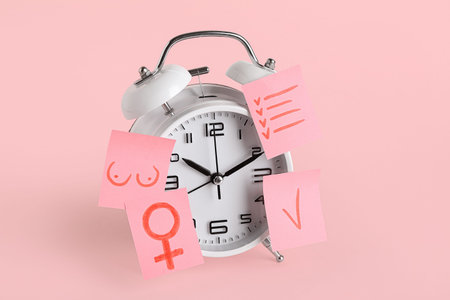 Papers with drawn symbol of woman, check mark and alarm clock on pink background. Gynecology conceptの写真素材