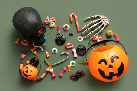 Cauldrons in shape of pumpkin, candies for Halloween, skeleton hand and skull on green backgroundの写真素材