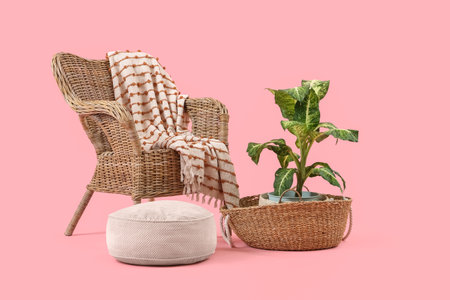 Wicker armchair with plant and pouf on pink backgroundの写真素材