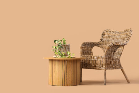 Wicker armchair and wooden table with plant on beige backgroundの写真素材