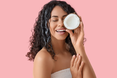 Young African-American woman with jar of coconut oil on pink backgroundの写真素材