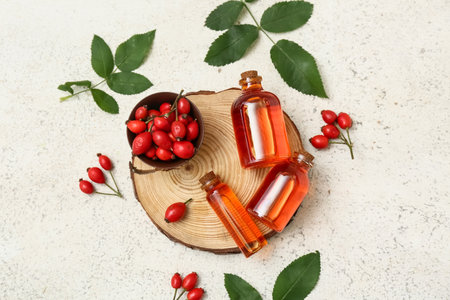 Bottles of cosmetic rose hip oil and bowl with berries on white backgroundの写真素材