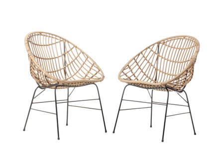 Wicker armchairs on white backgroundの写真素材