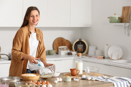 Young woman whipping eggs with mixer at table in kitchenの写真素材