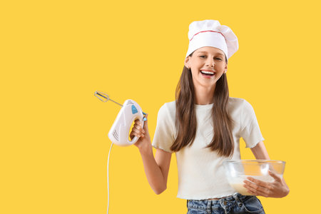 Female chef with mixer and dough on yellow backgroundの写真素材
