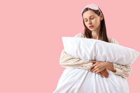 Female in pajamas with pillow on pink backgroundの写真素材
