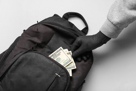 Thief's hand stealing money from backpack on white backgroundの写真素材