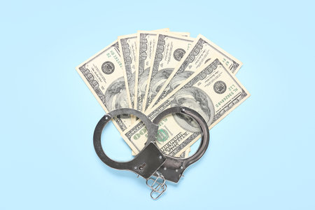 Handcuffs with dollar banknotes on light background. Crime concept