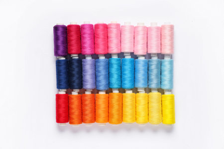 Colorful thread spools on white background