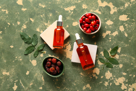 Decorative podiums with bottles of cosmetic rose hip oil and berries on green backgroundの写真素材