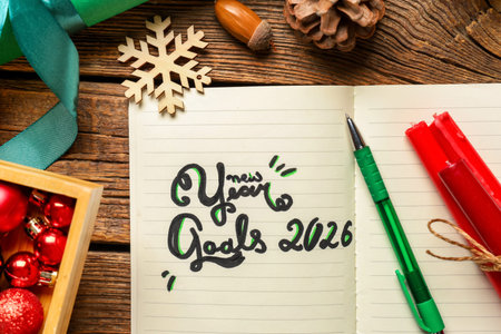 Notebook with text NEW YEAR GOALS 2026 on wooden background, closeup