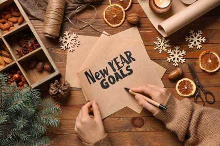 Female hands writing New Year goals with Christmas decor on wooden backgroundの写真素材
