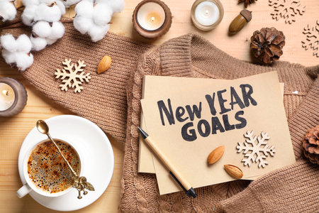 Paper with text NEW YEAR GOALS, sweater and Christmas decor on wooden background