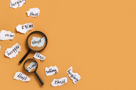 Magnifiers and paper pieces with crimes on orange background