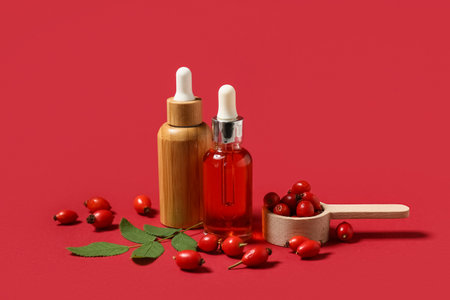 Bottles of cosmetic rose hip oil and wooden spoon with berries on red backgroundの写真素材