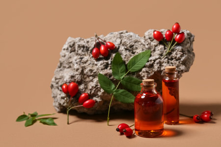 Bottles of cosmetic rose hip oil and stone with berries on brown backgroundの写真素材