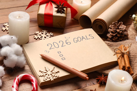 Notebook with 2026 goals and Christmas decor on wooden background, closeupの写真素材