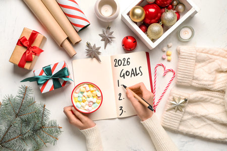Female hands writing 2026 goals in notebook with cocoa and Christmas decor on white backgroundの写真素材