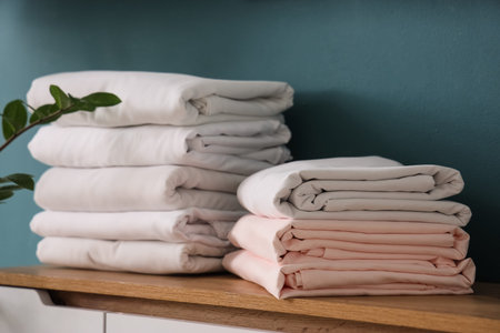 Folded white bed sheets on chest of drawers
