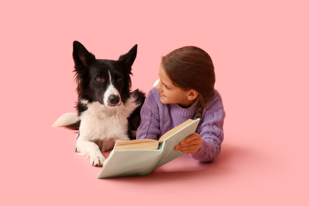 Cute little girl with Border Collie dog reading book on pink backgroundの写真素材
