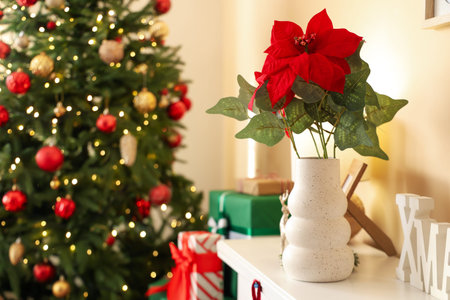 Vase with Christmas flower poinsettia on fireplace in room, closeupの写真素材