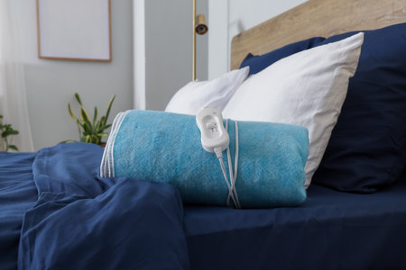 Folded electric heating pad on bed in roomの写真素材