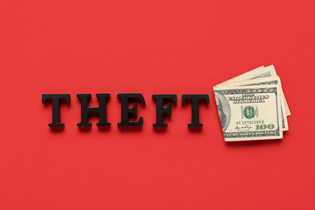 Word THEFT with money on red backgroundの写真素材