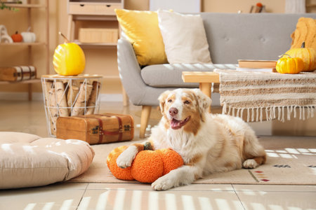 Cute Australian Shepherd dog with pumpkin pillow lying at home on autumn dayの写真素材
