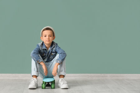 Stylish little boy in hat sitting on skateboardの写真素材