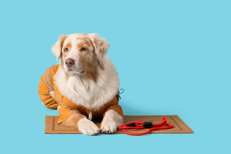 Cute Australian Shepherd dog in raincoat with leash lying on doormat against blue backgroundの写真素材