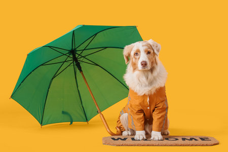 Cute Australian Shepherd dog in raincoat with umbrella on doormat against yellow backgroundの写真素材