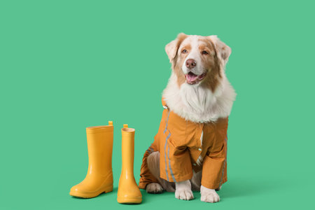 Cute Australian Shepherd dog in raincoat with gumboots on green backgroundの写真素材