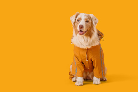 Cute Australian Shepherd dog in raincoat on yellow backgroundの写真素材