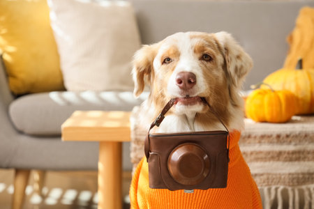 Cute Australian Shepherd dog in sweater with photo camera at home on autumn day, closeupの写真素材