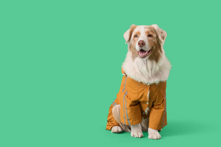 Cute Australian Shepherd dog on green backgroundの写真素材