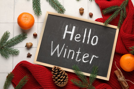 Chalkboard with text HELLO WINTER, fir branches, nuts and sweater on white tile backgroundの写真素材