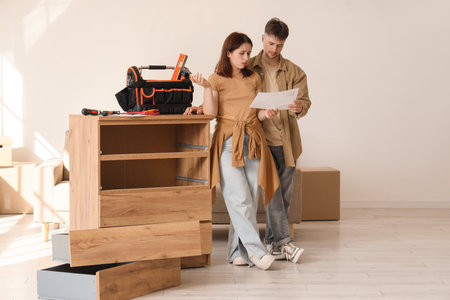 Young couple with instructions assembling chest of drawers at homeの写真素材