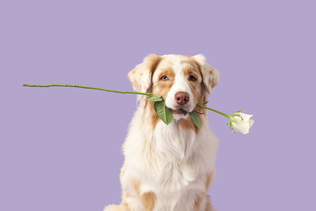 Cute Australian Shepherd dog with white rose on lilac backgroundの写真素材