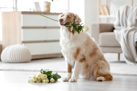 Cute Australian Shepherd dog with white roses on floor at homeの写真素材