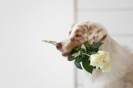 Cute Australian Shepherd dog with white rose at home, closeupの写真素材