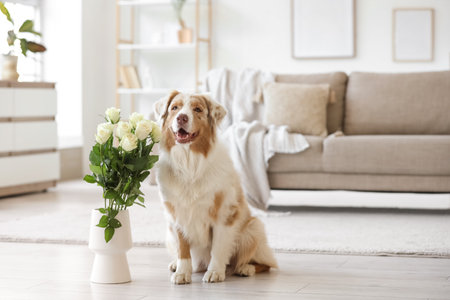 Cute Australian Shepherd dog and vase with white roses at homeの写真素材