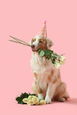 Cute Australian Shepherd dog in party hat with white roses on pink backgroundの写真素材