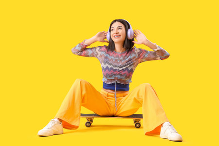 Beautiful young woman in headphones with skateboard sitting on yellow background