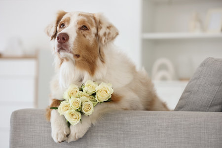 Australian Shepherd dog with white roses on sofa at homeの写真素材