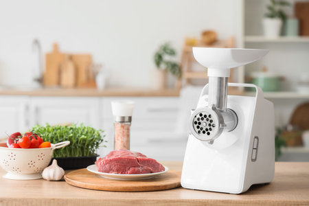 Modern meat grinder with beef and vegetables on table in kitchenの写真素材