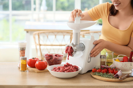 Young woman using modern meat grinder in kitchen